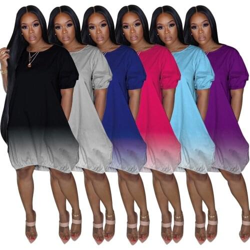 Casual Loose Gradient Short Dress Women Short Sleeve O Neck Sundresses Ladies Elegant Straight Loungewear Summer Clothings 2021