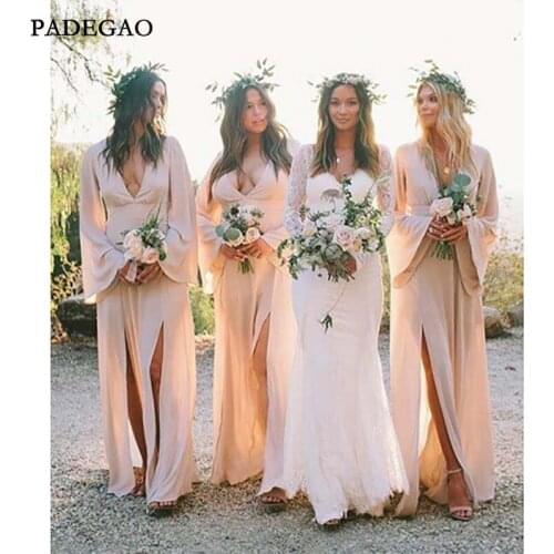 Simple Long Bridesmaids Dresses Long Sleeveless Customized Chiffon V-Neck Bridesmaids Dresses Prom Custom Made