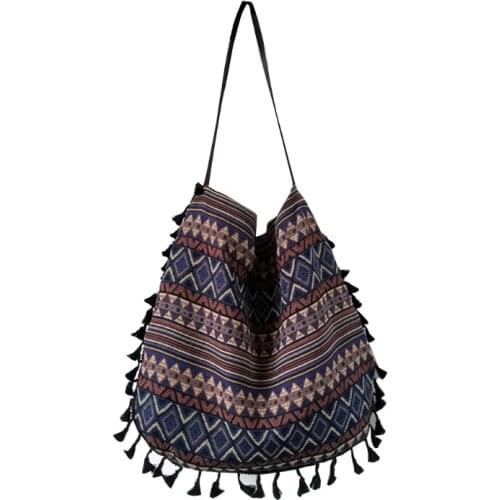 D0LF Boho Single Shoulder Tote Bag Multicolor Striped Tassels Large Capacity Handbag