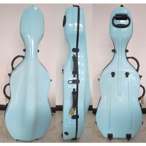 Light blue fiberglass hard cello case 3/4 w/ wheells,Shoulder straps