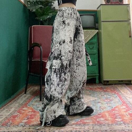 Street hip hop handsome boyfriend BF large size spray paint large work clothes ribbon dad pants men and women trend trousers