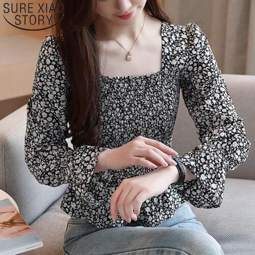 2021 Spring New Elegant Slim Waist Ruffles Tops Floral Square Collar Ruffle Sleeve Women Blouse Female Blouse Blusas 8856 50