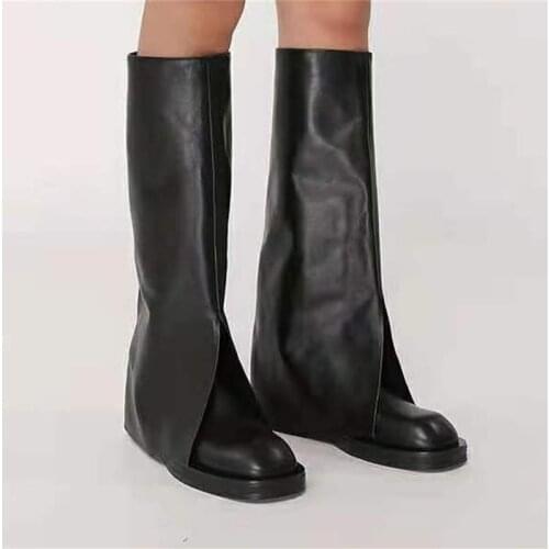 Street Fashion Leather collar down knee Boots Low Heel Thick sole Square Toe Knight Boots woman Slip On foldover Botas