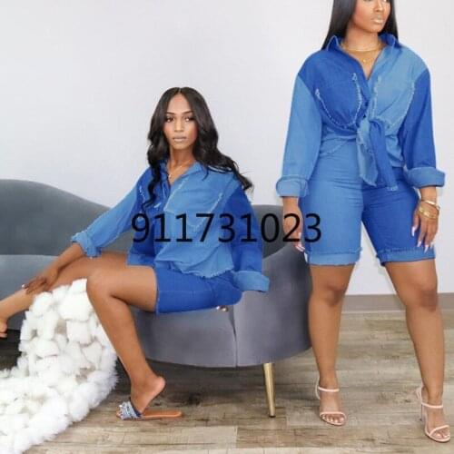 2021 Hot Sales High-end Denim Set Young Daily Free Sweet Solid Full Sleeve Group Knee Length Slim Women 2 Piece Set