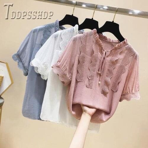 2020 Short Sleeve Women Chiffon Blouse Summer Korean Lace Female Blouses