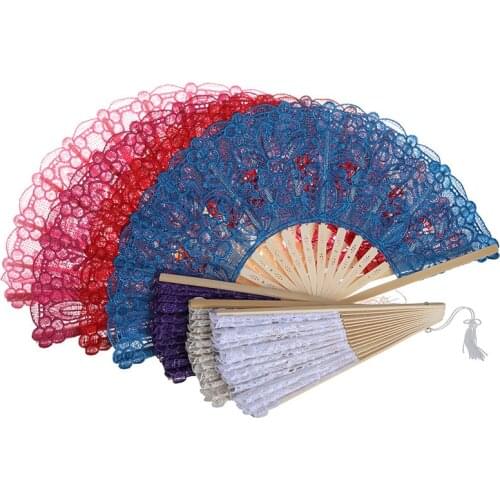 Bamboo Lace Arts Crafts Dance hand Fan China Antique Red Hollow Out Embroidered Folding Fan eventail a main Vintage Chinese