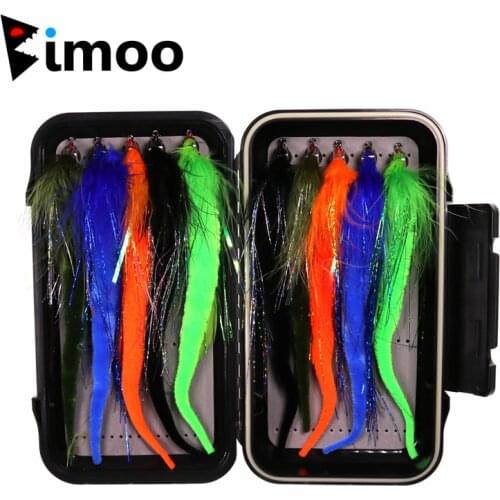 Bimoo 1Box=10PCS Dragon Tails Pike Streamers Bass Pike Muskie Fishing Lure Fly Saltwater Baitfish Big Fishing Dragontail Flies