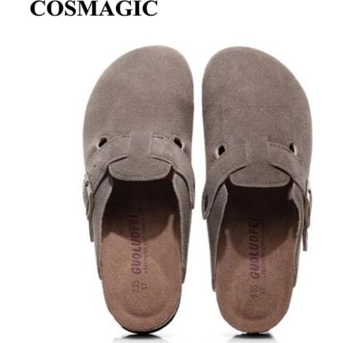 COSMAGIC 2021 New Summer Beach Cork Slippers Casual Women Buckle Nubuck Leather Closed Toe Outside Slide Slip on Shoe