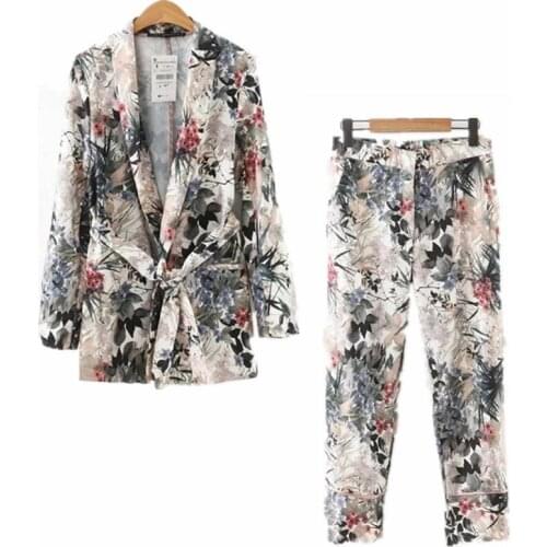 Elegant Womens suits 2021 Autumn Women Long Sleeve Wiped Kimono Blazer Belt Print Coat+Casual Pants Suit Vintage Two Piece Sets