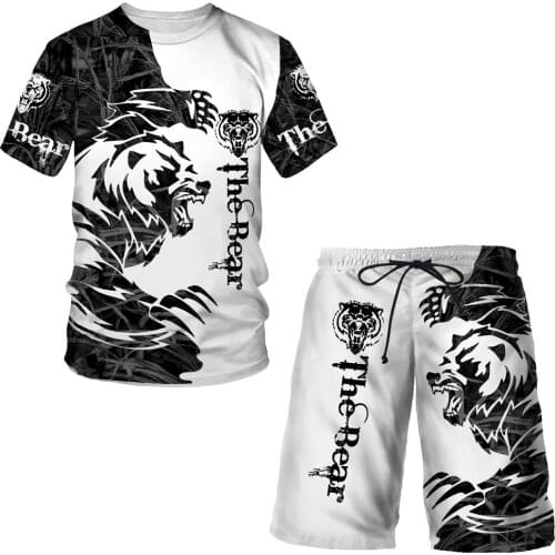 Brand design men clothing Summer Fashion 3D Bear Print Animal harajuku T-shirt off white Shorts Sets Boy Casual tracksuit ​suit