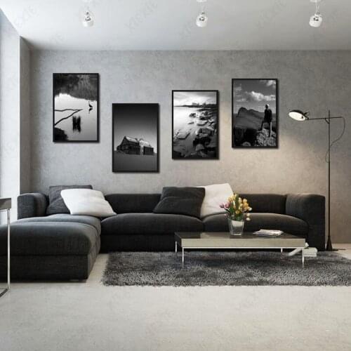 Dark Tone Scenery Paintings Seaside House Mountaineer and Calm Lake Bird Canvas Posters Prints Living Room Bedroom Decoration