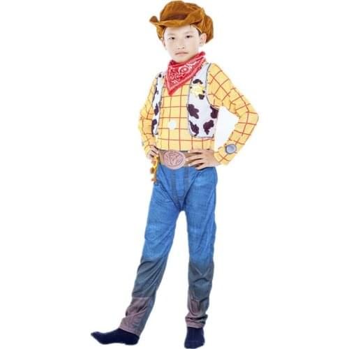 Boy Woody Cosplay Costume Kids Toy Story Cowboy Sheriff Hooded Jumpsuit Halloween Party Set
