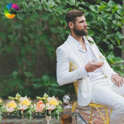 Custom Made Ivory Linen Men Suits for Wedding Slim Fit Best Man Blazers Jacket 2Piece Men Suit with Pants Casual Prom Wear Terno
