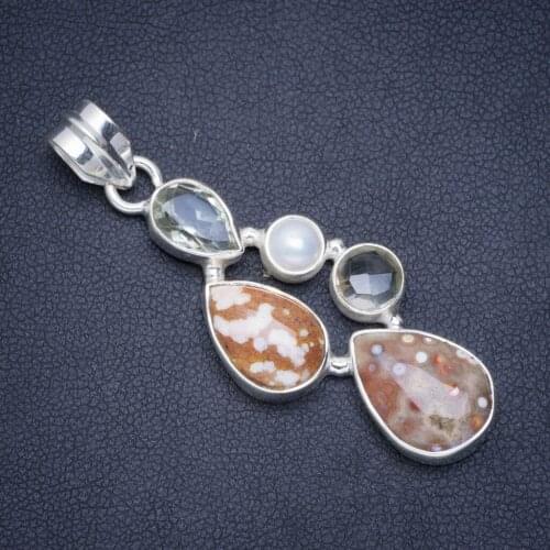 Natural Ocean Jasper,River Pearl and Green Amethyst Handmade Unique 925 Sterling Silver Pendant 2" A0297