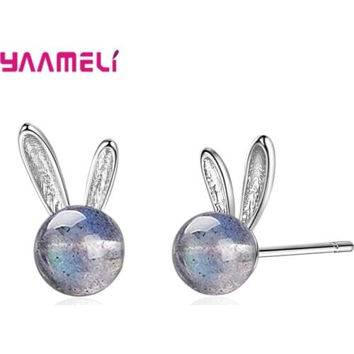 Cute Animal Rabbit Ear Stud Earrings for Women 925 Sterling Silver Blue Crystal Stud Creative Cartoon Student Girl Woman Jewelry