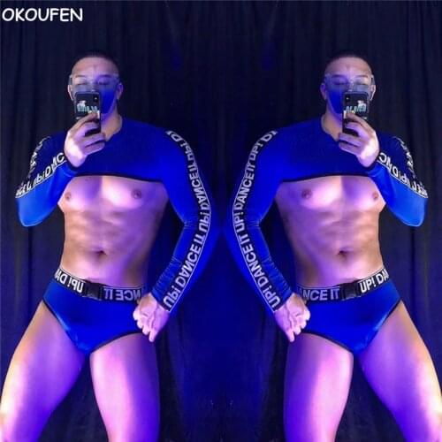New Stage Costumes Nightclub bar male DJ singer Show wear Sexy men blue gogo DS leader dance suits