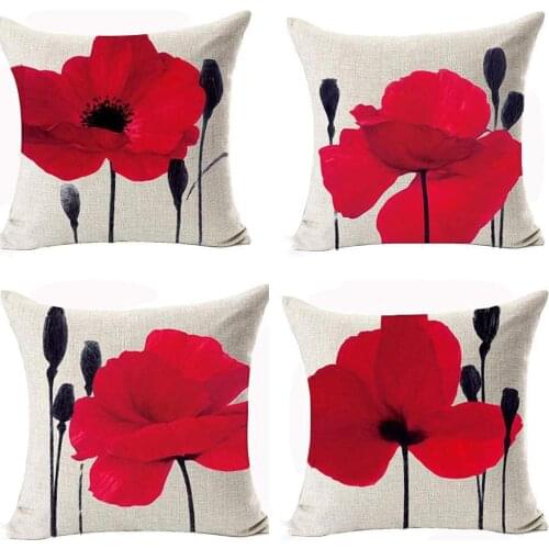 Charming Watercolor Oil Painting Red Poppy Cotton Linen Throw Pillow Case Cover Home Office Decorative Square 18 X 18 Inch