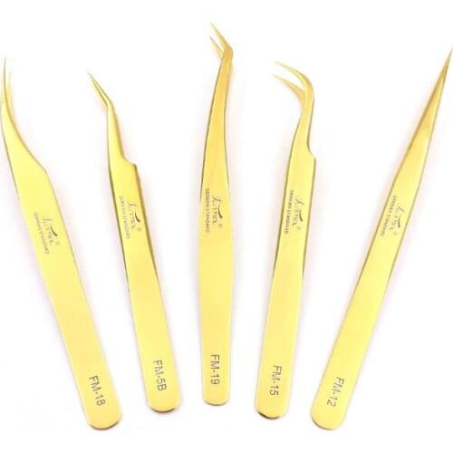 Funmix Premium 3D Eyelash Extension Tweezers Excellent Closure Makeup Pincet Golden Fan Volume Lashes Eyebrow Tweezers