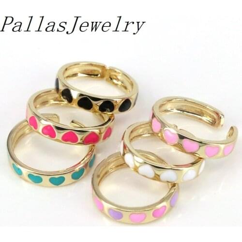 10Pcs Enamel Heart Shape Drop Oil Adjustable Gold Plating Brass Women Ring For Jewelry