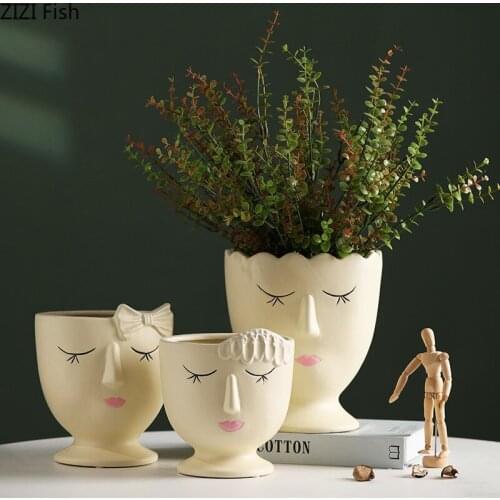 Modern Abstract Human Face Ceramic Vase Flower Pot Porcelain Crafts Cute Girl Head Vase Living Room Home Decoration Accessories