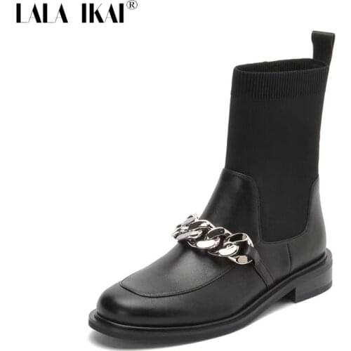 LALA IKAI Boots Women 2020 Autumn Winter Metal Decoration Ankle Boots Sock Short Booties Fashion Female Shoes Zapatos de mujer