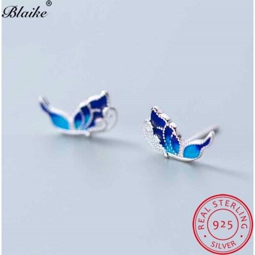 Blaike Cute Blue Butterfly Stud Earrings For Women Real 925 Sterling Silver Double Earrings Female Wedding Studs Girls Jewelry