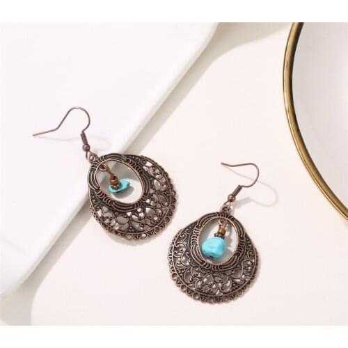 HOCOLE Vintage Gypsy Drop Earrings For Women Ethnic Antique Natural Stone Pendant Flower Hollow Dangle Earring Boho Jewelry 2019