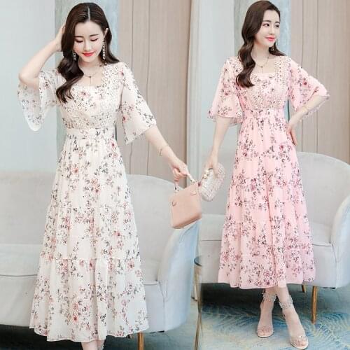 2021 Summer New Floral Chiffon Midi Sundress Elegant Women Plus Size Boho Beach Maxi Dress Vintage Bodycon Party Runway Vestidos