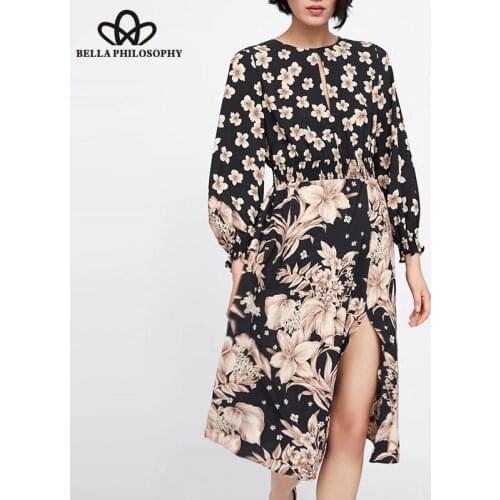 Bella Philosophy Spring Long Sleeve Sexy Midi Dress Vintage Print Floral Female Split Dress Retro Lady Elastic Waist Dress 2019