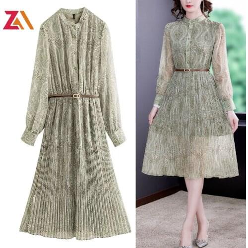 ZALady casual office midi dress vintage traf long sleeve womens clothing elegant floral fashion chic zevity woman dresses femme