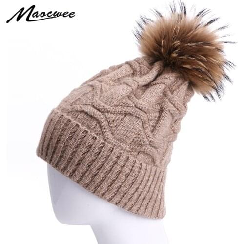 Winter Real Fur Pom Poms Pom Skullies Beanies Hat For Women Outdoor Keep Warm Thick Hat Female Knitted Crochet Slouch Bonnet Hat