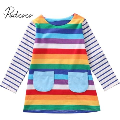 2020 New Style Toddler Kids Baby Girls Dress Rainbow Striped Print Long Sleeve Pocket Knee-Length Colorful Causal Dress