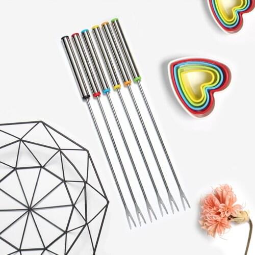 6pcs Stainless Steel Chocolate Fork Hot Pot Forks Cheese Fruit Dessert Fork Fondue Melting Skewer Kitchen Tools