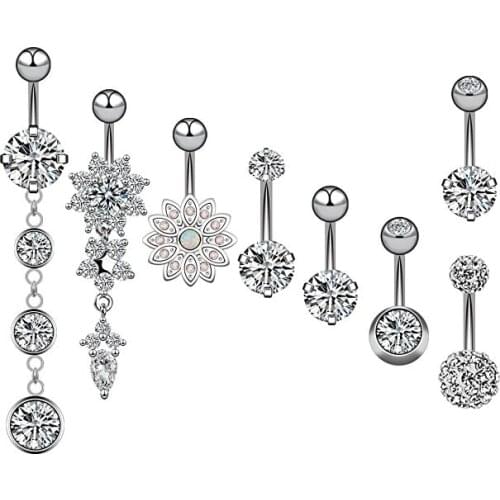 8pcs/set 14G 316L Stainless Steel Dangle Belly Button Rings for Women Girls CZ Curved Barbell Navel Rings Body Piercing Jewelry