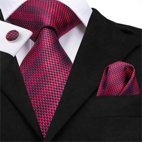 C-3122 Hi-Tie Luxury Silk Men Tie Striped Wine Red Necktie Handkerchief Cufflinks Set Fashion Mens Party Wedding Tie Set 8.5cm