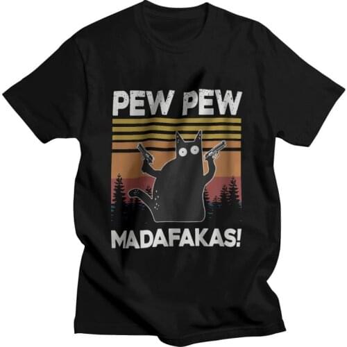 Humor Kawaii Pew Pew Madafakas T Shirt Mens 100% Cotton Printed T-shirts Fashion Tshirt Short Sleeve Funny Black Cat Tees Tops