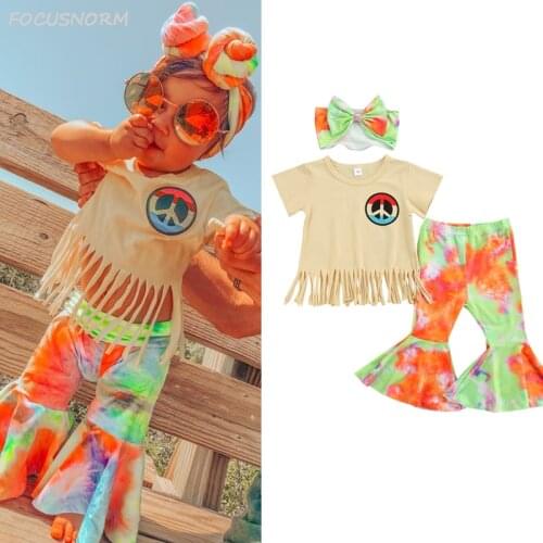 FOCUSNORM 1-6Y Summer Fashion Kids Girls Clothes Sets Short Sleeve Tassel T Shirts Tie-Dye Printed Flare Pants Headband