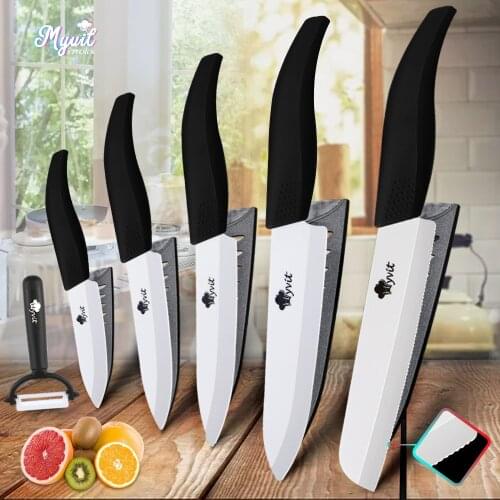 Ceramic Knives Set 3 4 5 6inch+ Peeler Kitchen Knife Serrated Bread Chef Paring Silcing White Zirconia Blade for Cooking