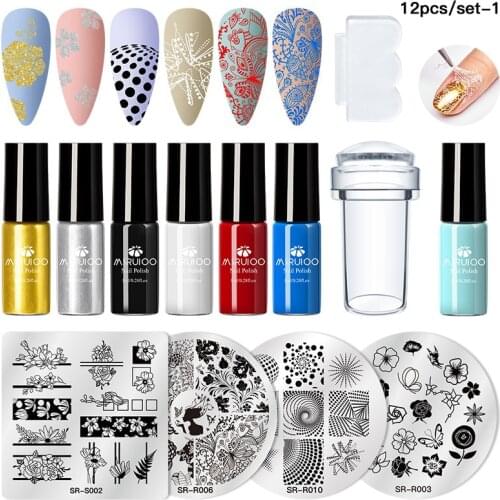 Nail Stamping Polish Set Flower Stripe Design Stamp Plates Kit Black White Gold Silver Printing Varnish Snake Pattern Stencil