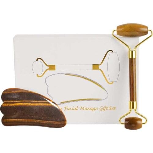 Natural Tiger Eye Facial Massage Roller Face Jade Roller Gua Sha Tool Set Slimming Face Massager Lifting Tool Beauty Health Care