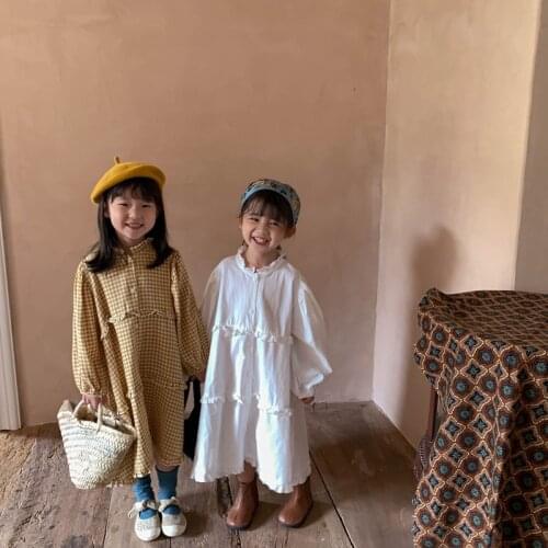 Autumn fashion little princess ruffles loose dress Girls cotton oversized single-breasted plaid shirt dresses