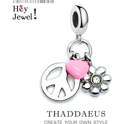 Heart Peace Sign Charm for Women Pink Heart Key Charms 925 Sterling Silver Fit Bracelet Pendant Chocker Valentines Day Gift