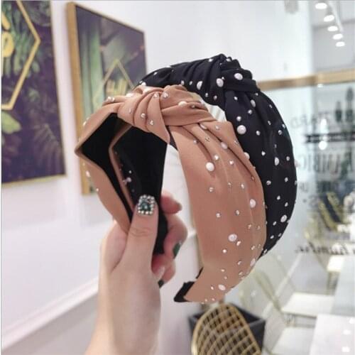 Fashion hair accessories women solid color hot diamond pearl knotted wide-brimmed headband headband wild girl hair band headwear