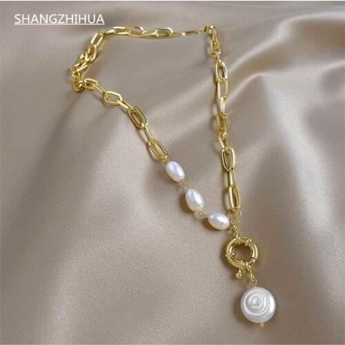 SHANGZHIHUA Premium Baroque Pearl Pendant Gold Necklace for Women Korean Fashion Jewelry Sexy Girls Collarbone Chain