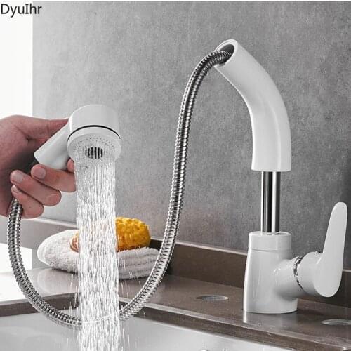 Simple all-copper white pull-out washbasin faucet hot and cold water faucet can lift wash head rotating bathroom accessories