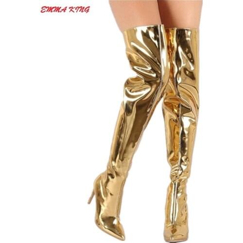 Emma King New Fashion Sexy Women Over The Knee Boots High Heels Patent Leather Pointed Toe Ladies Thigh High Botas Shoes Size 43