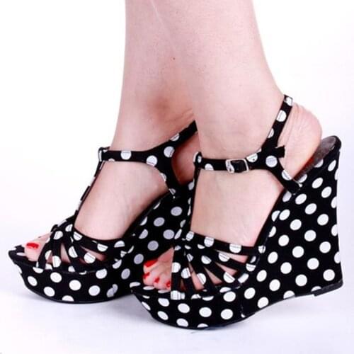 SHOFOO shoes,Beautiful fashion womens shoes, white spots and black cloth, 12.5 cm wedge sandals. Womens sandals. SIZE:34-45