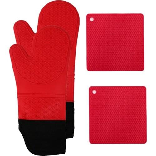 Silicone Oven Mitt and Pot Holder 4 Piece Set, Includes 2 Soft Slip Resistant Flexible Kitchen Cooking Mitts and Mats