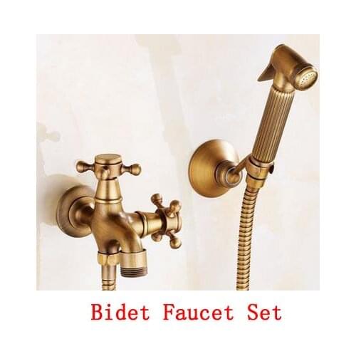 Bathroom wall mounted bidet faucet set,Antique brass handheld bidet spray shower set, Copper toilet flushing device suit vintage