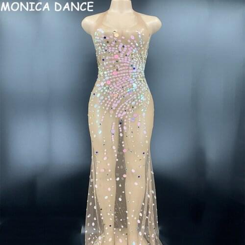 Sexy Rhinestone Sequin Mesh Perspective Long Dress Women Birthday Party Outfit Sexy See Through Singer Dresses For Stage Wear